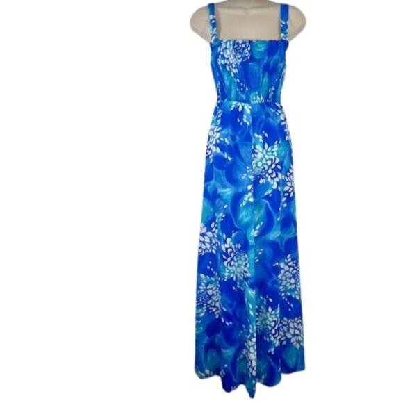 Vintage 1960s Womens Made In Hawaii Maxi Dress Blue Floral Smocked S - Picture 1 of 3